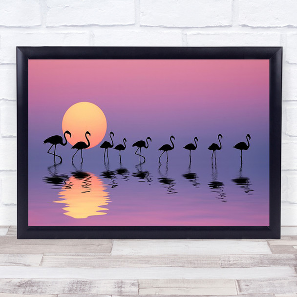 Family Flamingos Silhouette Sunset Birds Sea Shadow Summer Tree Lake Art Print
