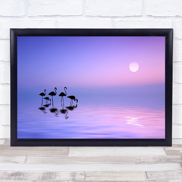 Flamingo Silhouette Birds Tree Lake Magenta Fog Wall Art Print