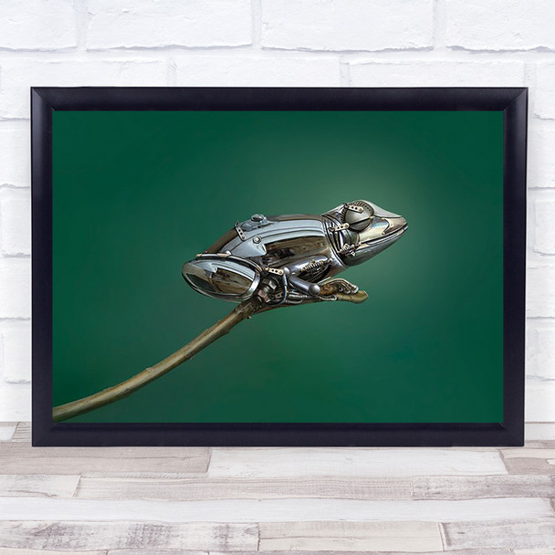 Frog Metal Robot Machine Animal Animals Green Shiny Twig Wall Art Print