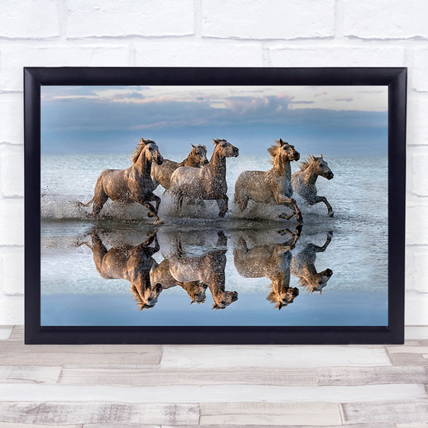 Horses Reflection Camargue Delta Animals Wild France Splash Action Art Print