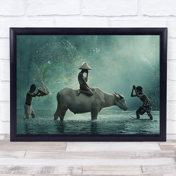 Water Buffalo Splash Spray Hat Playing Play Wall Art Print