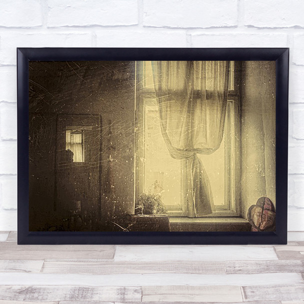 Love Story Sepia Curtain Window Door Old Vintage Texture Wall Art Print