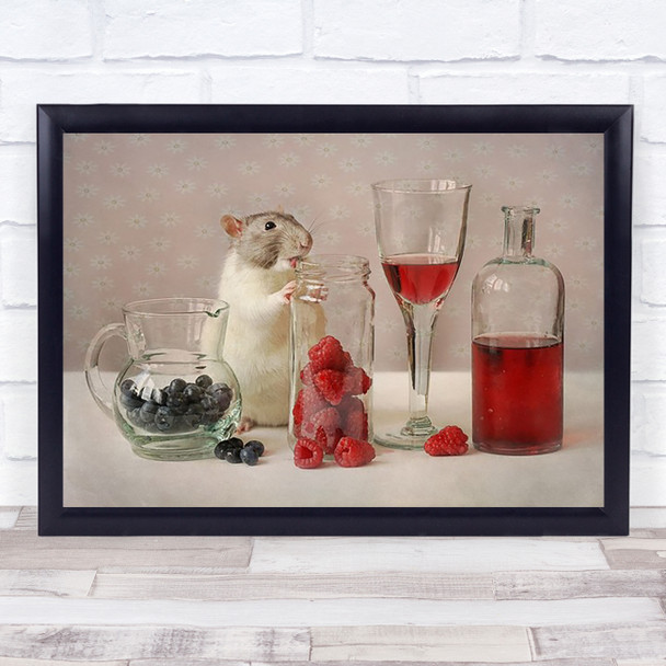 Fruit Berries Red Wine Glass Bottle Mouse Raspberry Blueberry Art Print