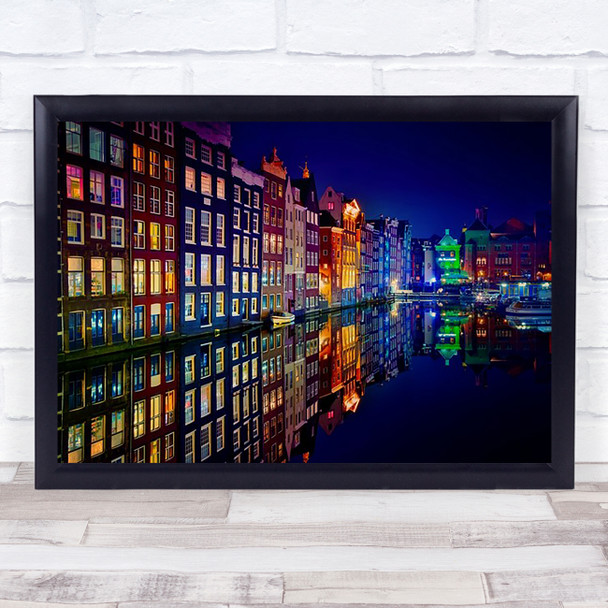 Amsterdam Building Night Lake Canal Reflection Lights Colours Mirror Art Print
