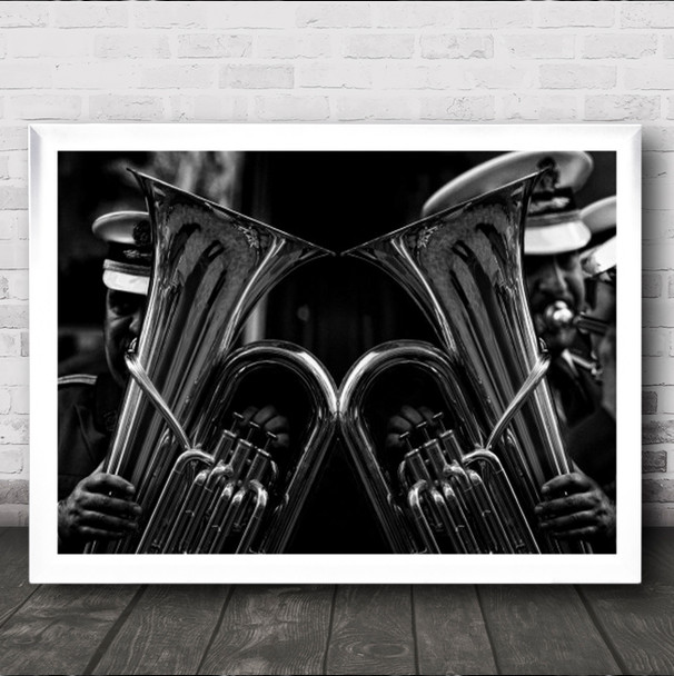 Double B&W Blackaamp;White Monochrome French Horn Musical Instrument Art Print