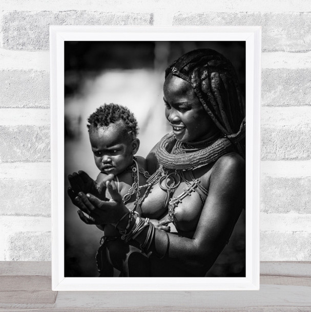 Happy Maternity Mom Himba Child B&W Namibia Documentary Mother Wall Art Print