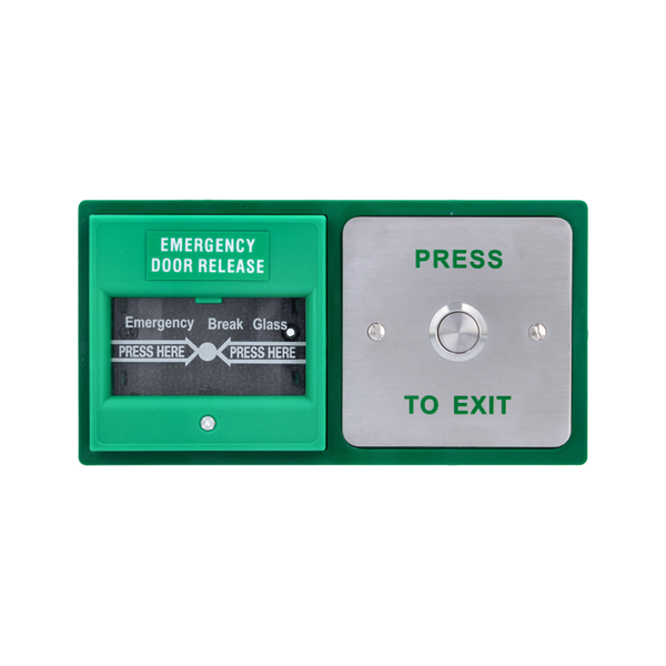 Double exit device, stainless steel button and emergency breakglass