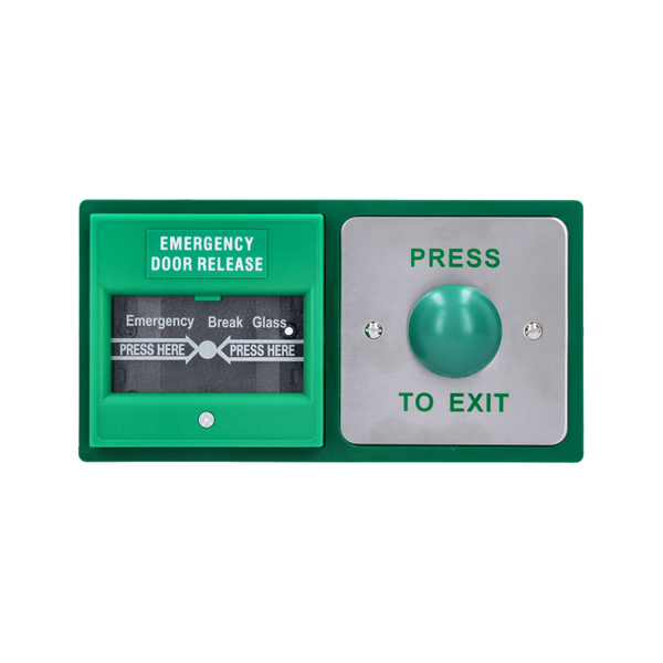 Double exit device, green dome button and emergency breakglass