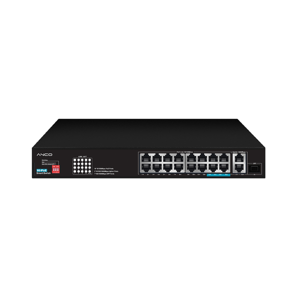 Anco 16 Port Unmanaged POE Smart Switch with 2 Additional Gigabit Uplink. POE+  HiPOE and SFP