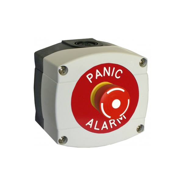 IP66 Grey/Red Surface Box With Red Push On / Twist Off Button – Legend “Panic Alarm”