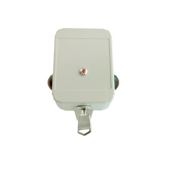 Dual button battery powered panic transmitter with key-switch reset. Includes PP3 battery
