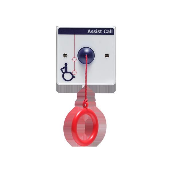 Vox Ignis Assist Call pull cord with 2.8m cord with two 50mm diameter red rings. Single gang. Injection moulded white polycarbonate.