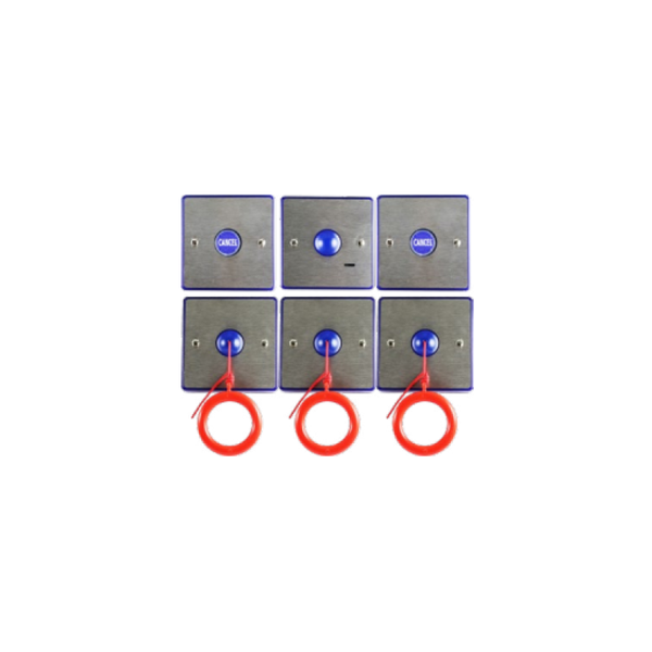 Vox Ignis - Assist Call Accessible Bedroom zone kit of 1x over-door indicator, 2x cancel plates, 3x pull cord WC alarm fitted  sticker, and operating instructions sticker. Injection moulded blue polycarbonate c/w, with stainless steel facia.