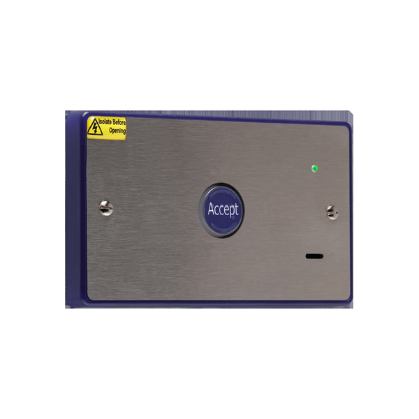 Vox Ignis - Assist Call 1 zone controller with combined PSU. Double gang, Injection moulded blue polycarbonate, with stainless steel fascia.