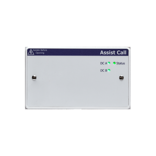 Vox Ignis Assist Call power supply unit, 2 x 500mA fused outputs, integral networking, double gang Injection moulded white polycarbonate.