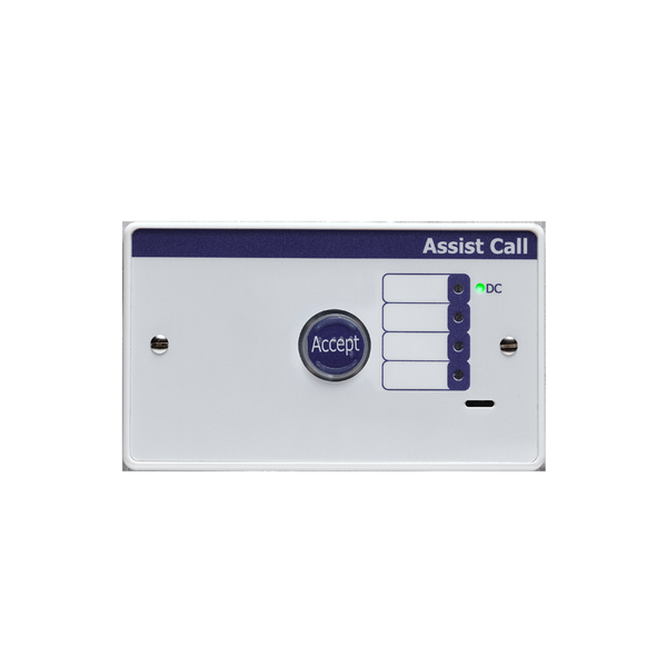 Vox Ignis - Assist Call 4 zone controller plate, 4 zone indicators, integral networking. Requires ViAC-PSU for power, double gang Injection moulded white polycarbonate.