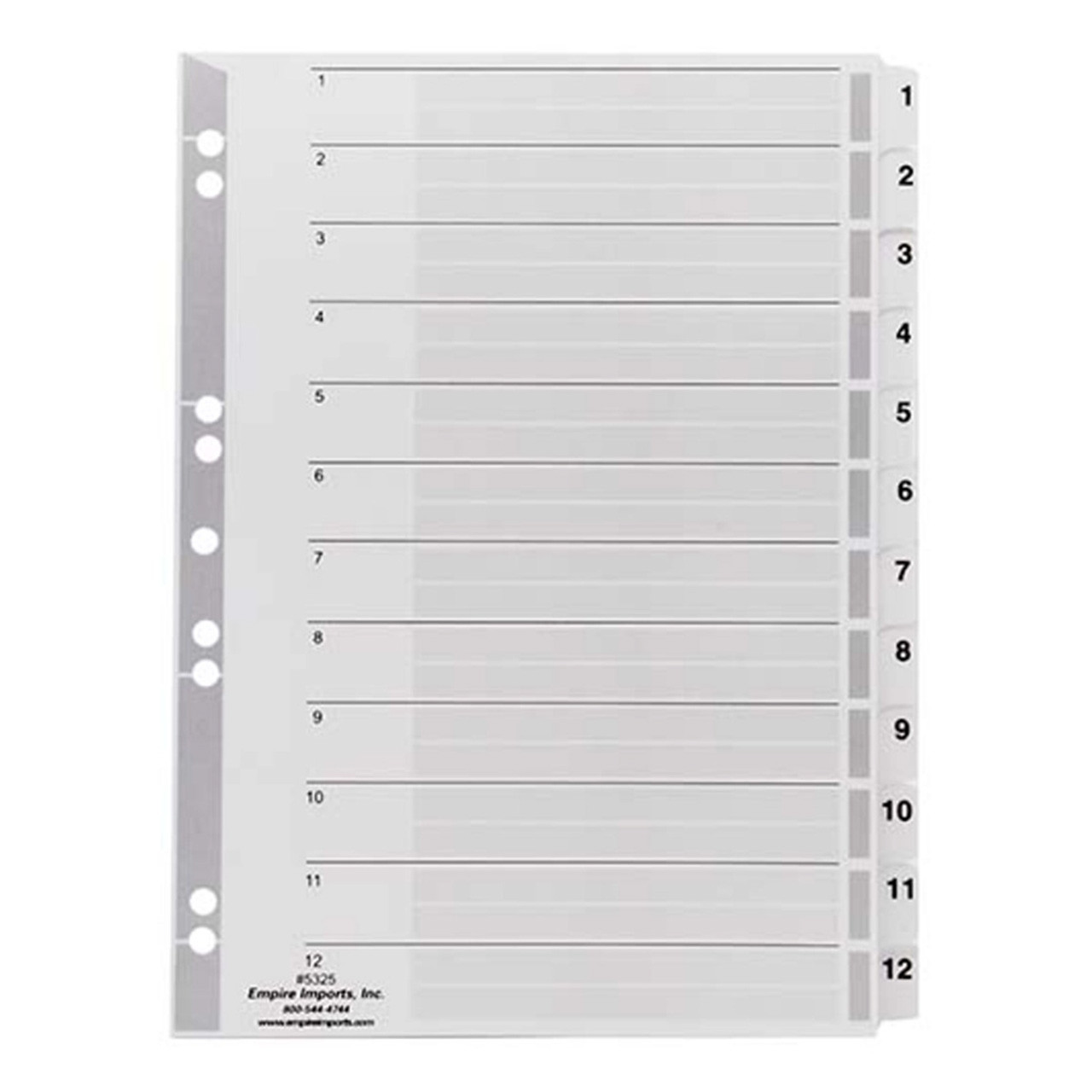 Empire Imports A4 Numeric Index Tabs - 1-12 Tab Set - Bindertek