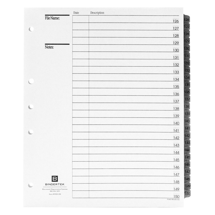 Numeric Index Tab Dividers, 126-150 Tab Set