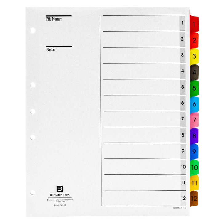 Multicolor Numeric Index Tab Dividers, 1-12 Tab Set