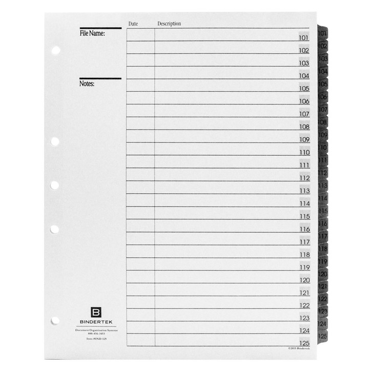 Numeric Index Tab Dividers, 101-125 Tab Set