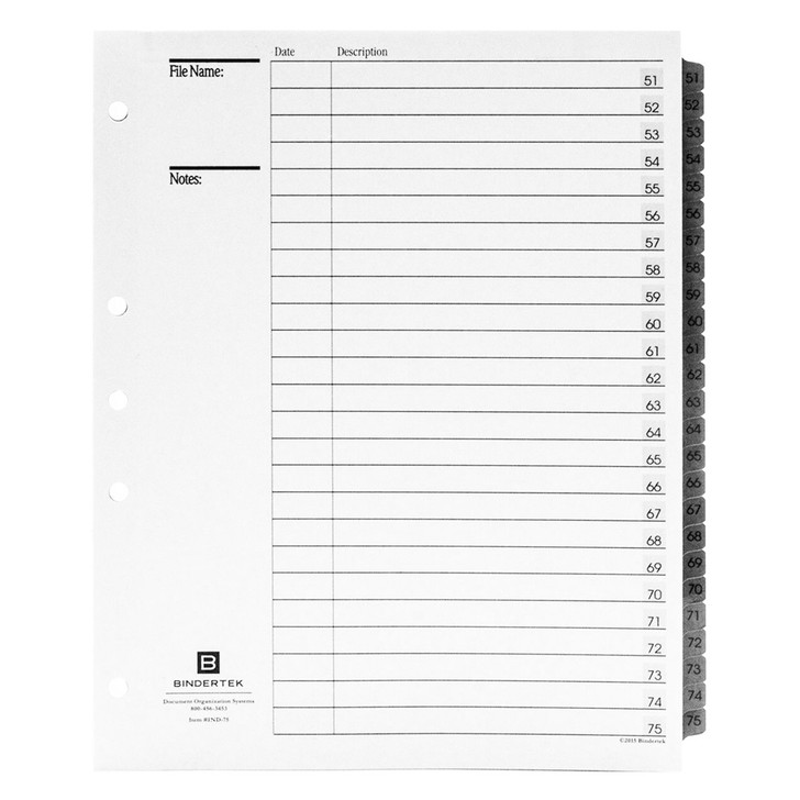 Numeric Index Tab Dividers, 51-75 Tab Set