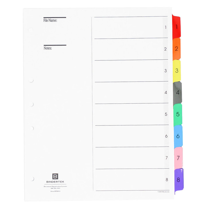 Multicolor Numeric Index Tab Dividers, 1-8 Tab Set