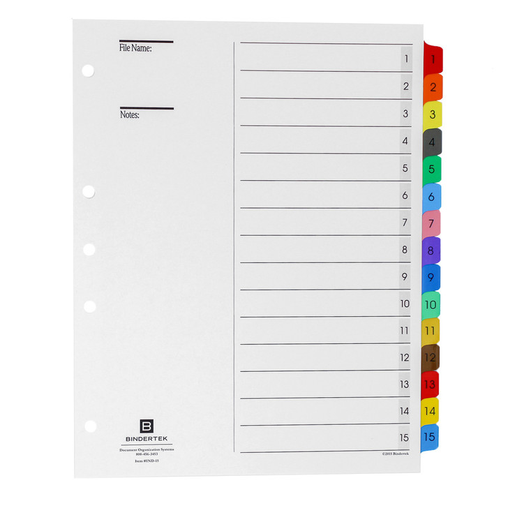 Multicolor Numeric Index Tab Dividers, 1-15 Tab Set, Main Product Photo