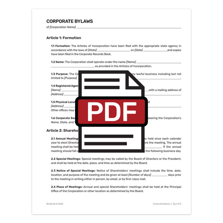 PDF Corporate Bylaws and Minutes, Downloadable Product