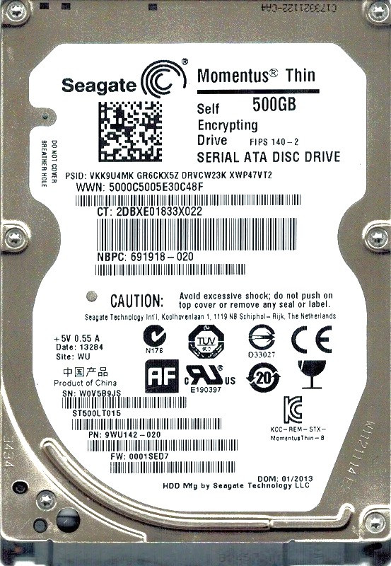 Seagate 691918-021 - 500GB 2.5in 7mm SATA III 5400 RPM SED Self