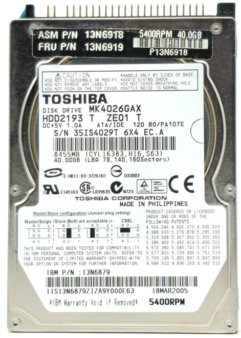 Toshiba V000021040 - 40GB 5.4K RPM IDE PATA ATA 2.5" Laptop Hard Drive