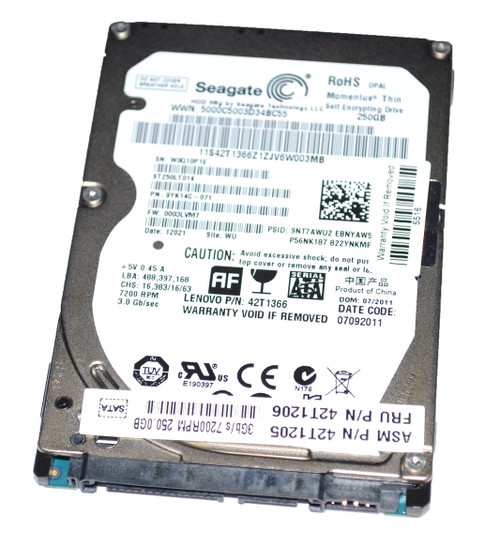 IBM / Lenovo 42T1205 - 250GB 7.2K RPM SED SATA 7mm 2.5" Hard Drive