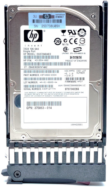 HP 375696-002 - 72GB 10K RPM SP SAS SFF 2.5" Hard Drive for HPE ProLiant DL180 DL320 DL360 DL370 DL380 DL385 DL580 ML110 BL465 G6 G7