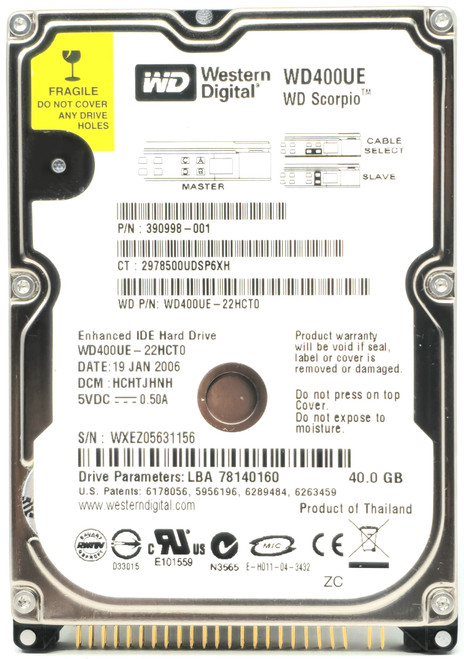 Western Digital WD400VE-75HDT1 - 40GB 5.4K RPM IDE PATA ATA 2.5" Laptop Hard Drive