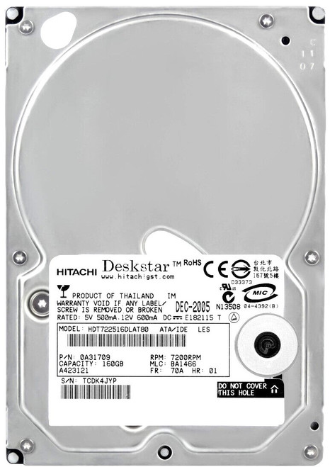 Hitachi HDT722516DLAT80 - 160GB 7.2K RPM IDE PATA 3.5" LFF Desktop Hard Drive Hitachi HDT722516DLAT80 - 160GB 7.2K RPM IDE PATA 3.5" LFF Desktop Hard Drive