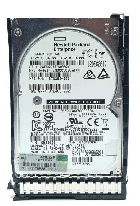 HPE 872286-001 - 300GB 10K 12Gb/s SAS Enterprise SC DS SFF 2.5" Hard Drive with Tray for HPE ProLiant DL160 DL180 DL360 DL380 DL580 ML350 BL460C Gen9 G9 Gen10 G10 Servers