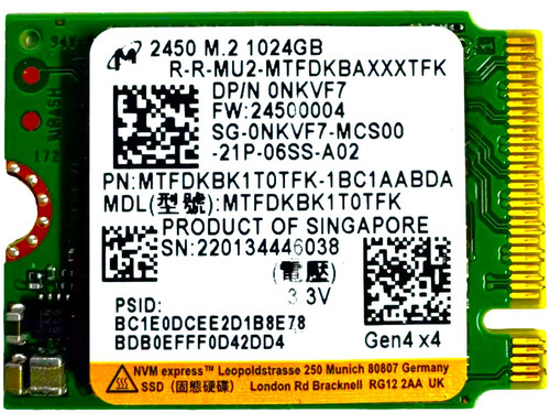 内蔵型SSD Micron 1TB SSD MTFDKBK1T0QFM-1BD1AABYYR 1TB Micron 2400 M.2 2230 NVMe PCIe 4.0x4 SSD MTFDKBK1T0QFM