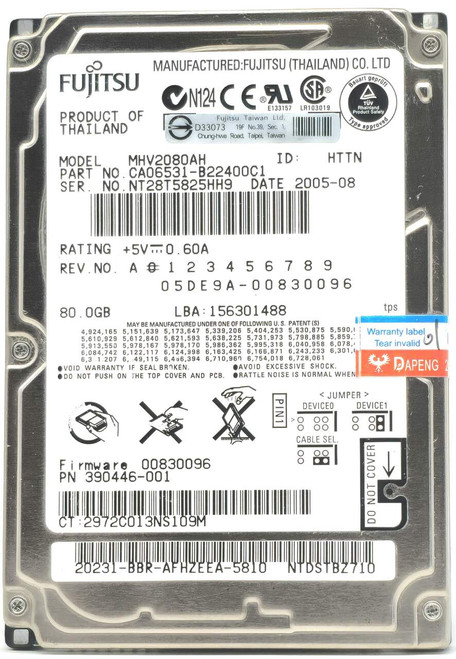 Fujitsu MHV2080AH - 80GB 5.4K RPM IDE PATA EIDE ATA 2.5" Laptop Hard Drive