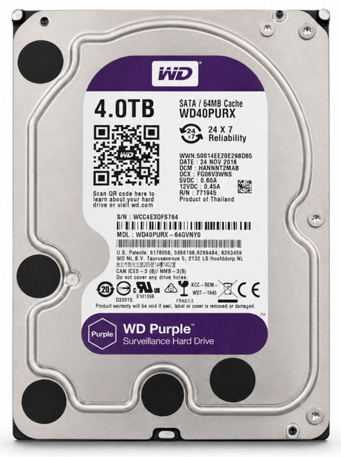 WD40PURX-64AKYY0 - 4TB 5.4K RPM 64MB Cache 3.5" SATA 6Gb/s Hard Drive for Desktop / NAS / DVR / NVR / Surveillance Systems