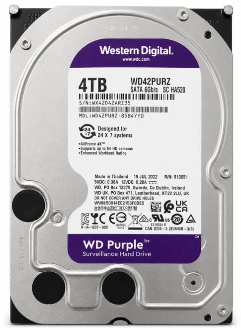 WD42PURZ - 4TB 5.4K RPM 256MB Cache 3.5" SATA 6Gb/s Hard Drive for Desktop / NAS / DVR / NVR / Surveillance Systems