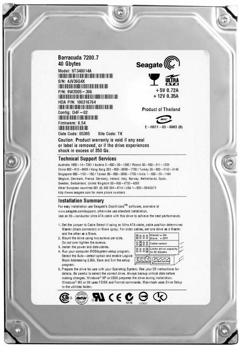 Seagate ST340015A - 40GB 5.4K IDE 3.5