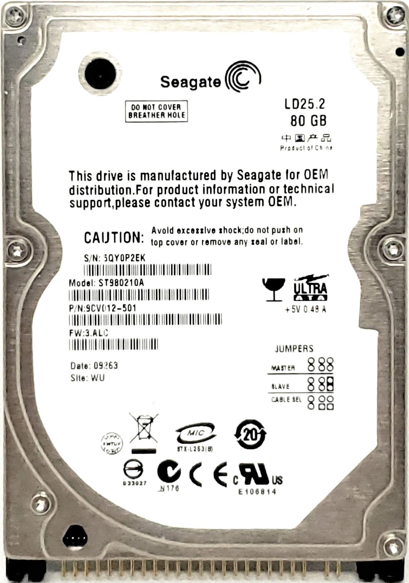 U9751 - 80GB 5.4K RPM IDE PATA EIDE ATA 2.5" Laptop Hard Drive
