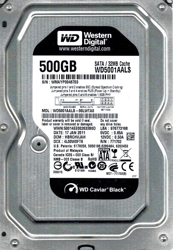 Western Digital WD5001AALS-00J7B1 - 500GB 7.2K RPM SATA 3.5" Hard Drive
