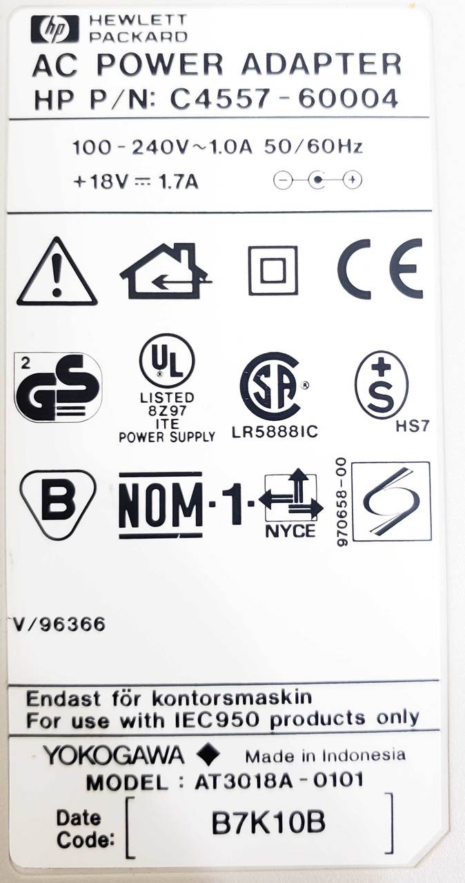 Hewlett-Packard (HP) C4557-60004 - 30W 18V 1.7A AC Adapter Includes Power Cable