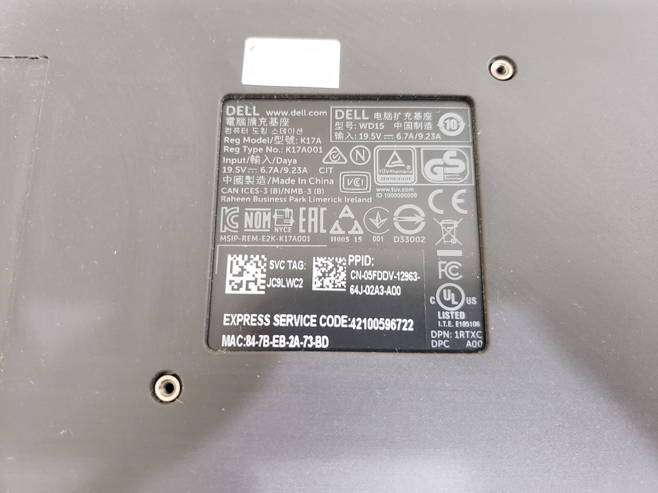 0CPR3 - WD15 Docking Station K17 K17A Thunderbolt USB-C 4K Dock with 130W Adapter Included JDV23