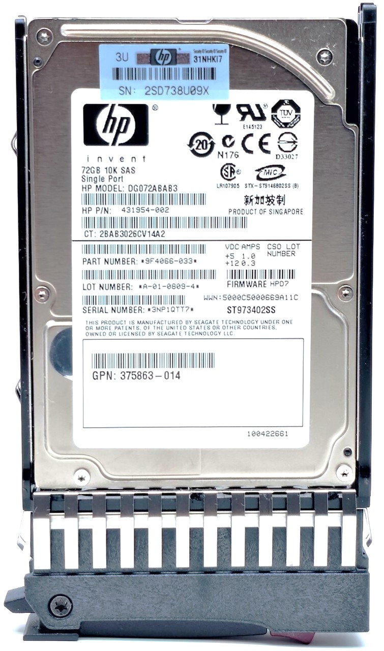 HP AD141A - 72GB 10K RPM SP SAS SFF 2.5" Hard Drive for HPE ProLiant DL180 DL320 DL360 DL370 DL380 DL385 DL580 ML110 BL465 G6 G7