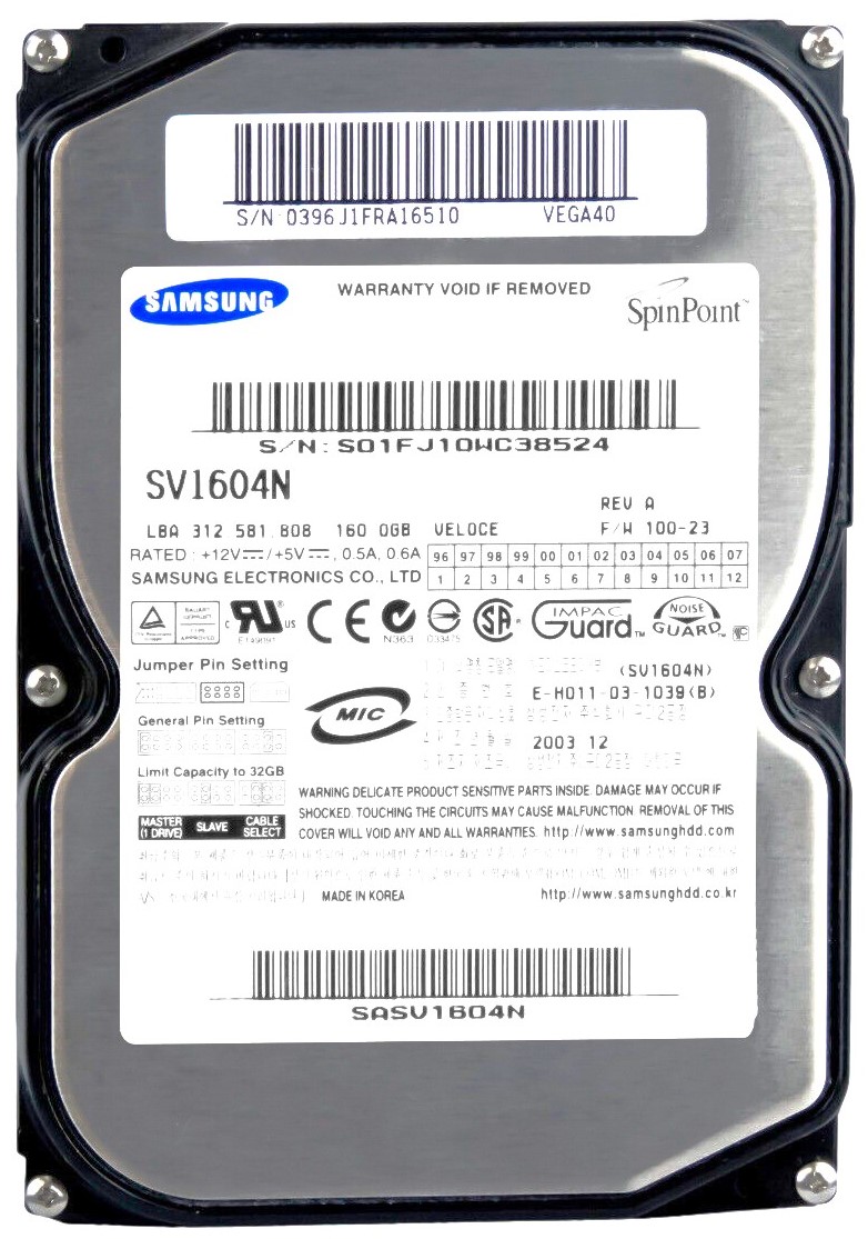 Samsung SV1604N - 160GB 7.2K RPM IDE PATA 3.5" LFF Desktop Hard Drive