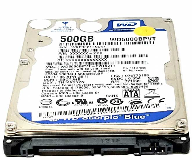 Western Digital WD5000BPVT-00A1YT0 - 500GB 5.4K RPM 8MB Cache SATA 2.5" Scorpio Blue Hard Drive