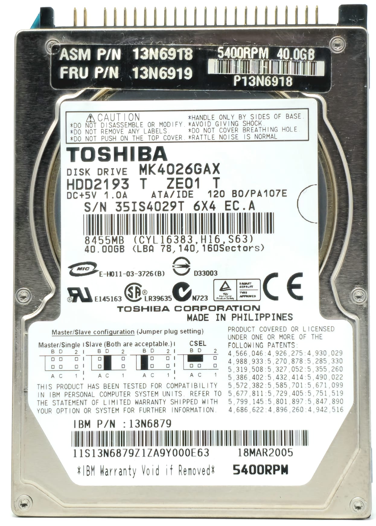 Toshiba HDD2D10 - 40GB 5.4K RPM IDE PATA ATA 2.5" Laptop Hard Drive