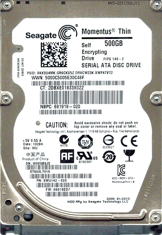 Seagate 1DJ142-030 - 500GB 2.5in 7mm SATA III 5400 RPM SED Self Encrypting Laptop Hard Drive