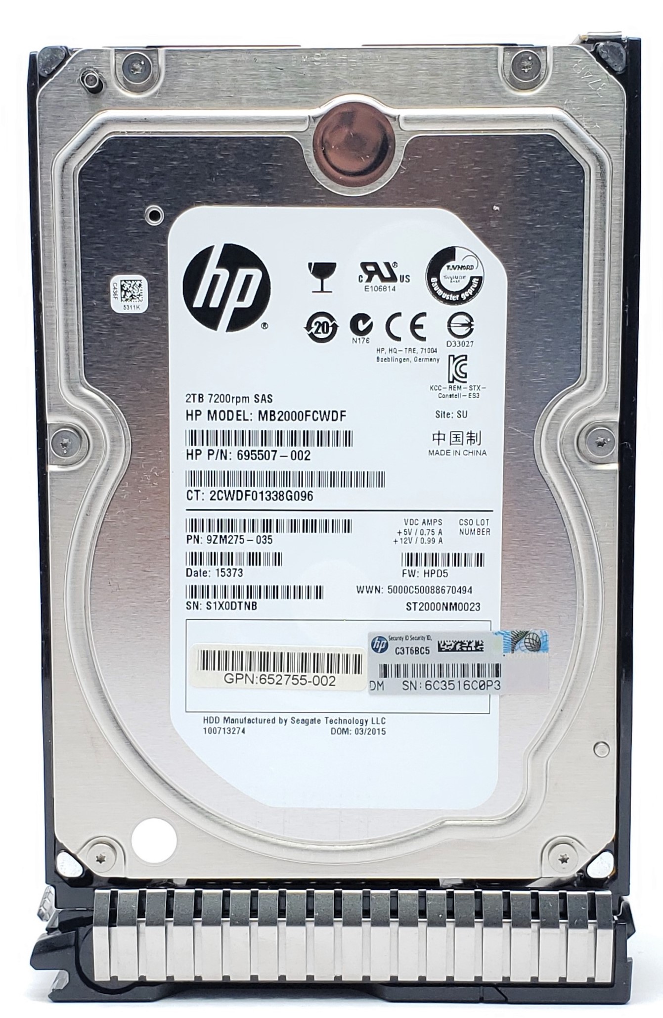 HPE MB2000FBUCL-SC - 2TB 7.2K RPM 6G SAS LFF 3.5" Hard Drive with SC Tray for HPE ProLiant Gen8 G8 Gen9 G9 Servers